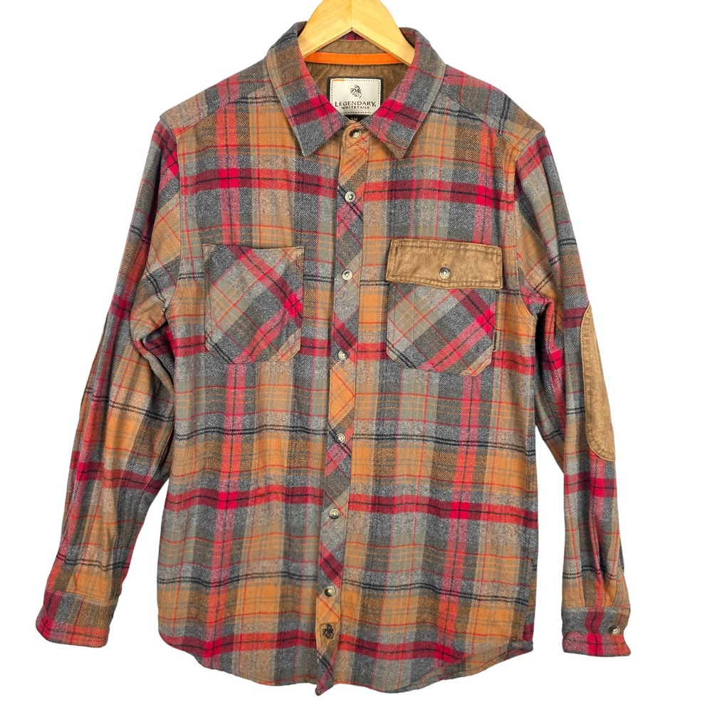 Legendary Whitetails Mens Flannel Button Up Shirt Small Plaid Suede Elbow Patch - Picture 2 of 15